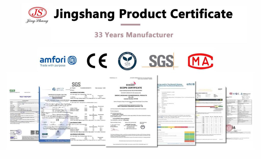 Jingshang cashmere coat factory product certificate