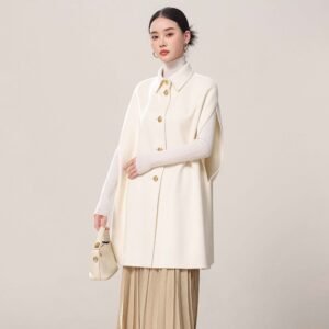 Wholesale White Buttoned Cape Cashmere Coat Factory